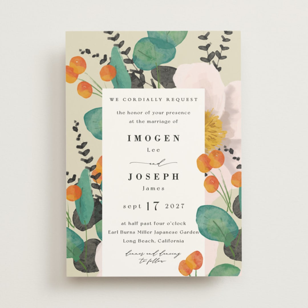 "Floral Splash" - Wedding Invitations in Wheat by Keen Peachy - Front