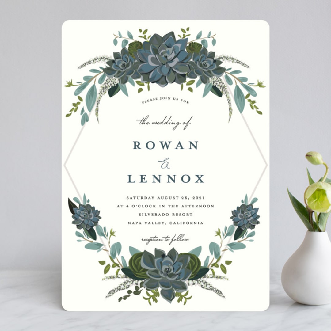 "Echeveria" - Wedding Invitations in Prussian Blue by Susan Moyal - Front
