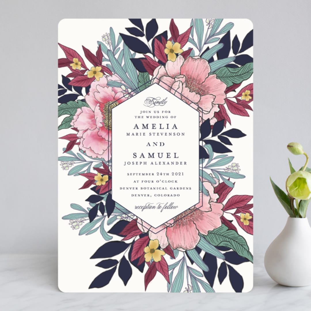 "Vintage Boughs" - Wedding Invitations in Merlot by Grace Kreinbrink - Front