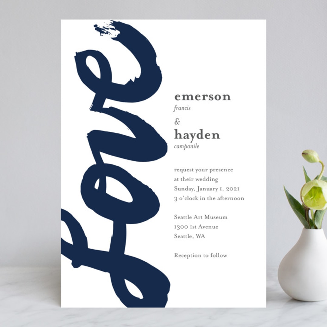 "Brushed Love" - Wedding Invitations in Night Navy by Lisa Guerrero - Front