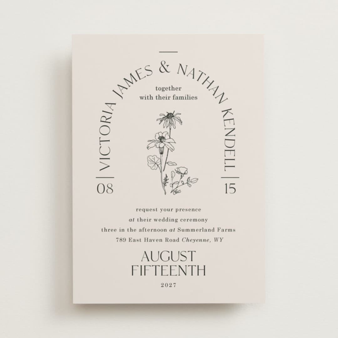 "Floral Type Arch" - Wedding Invitations in Linen by Baumbirdy - Front