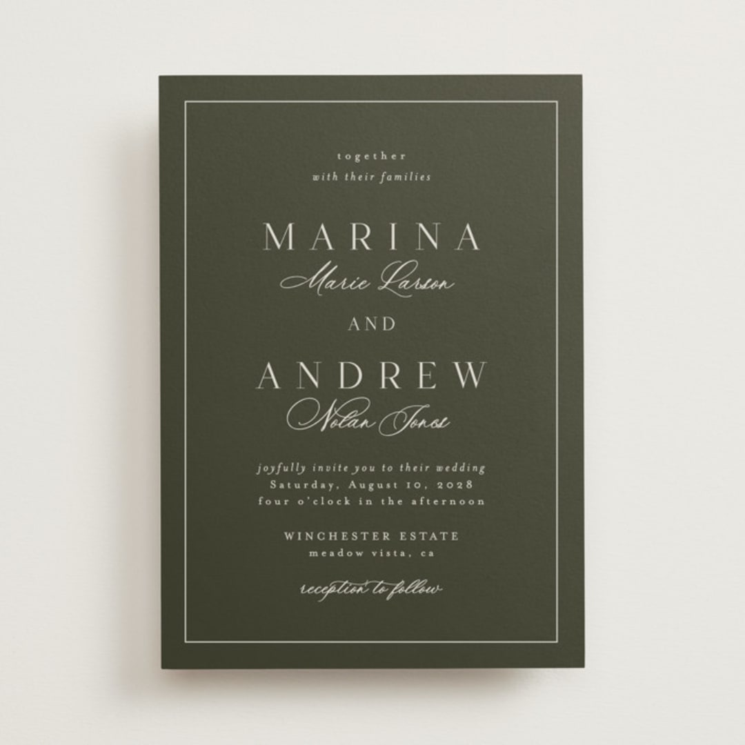 "refined" - Wedding Invitations in Deep Olive by Nicole Walsh - Front