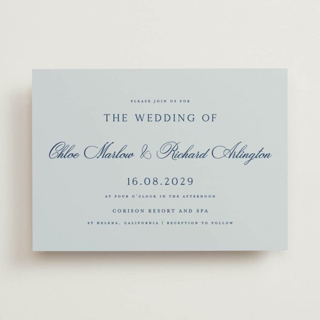 "Landscape Script" - Wedding Invitations in Sky by Kelly Schmidt - Front