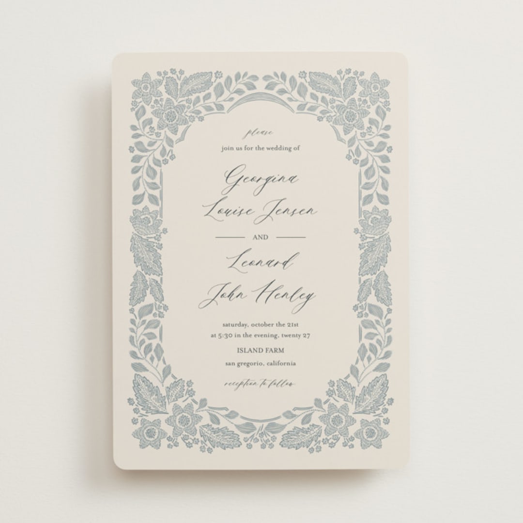 "Embroidered" - Wedding Invitations in Dusty Blue by Jen Owens - Front