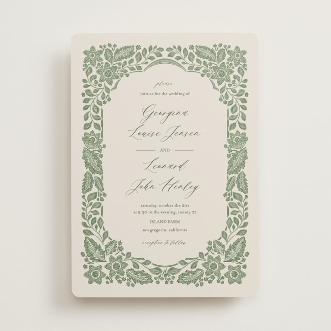 "Embroidered" - Wedding Invitations in Moss by Jen Owens - Front