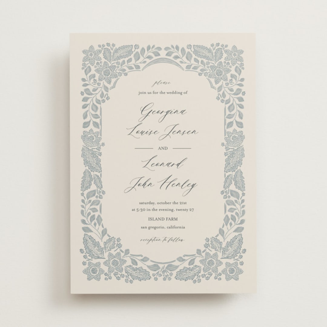 "Embroidered" - Wedding Invitations in Dusty Blue by Jen Owens - Front