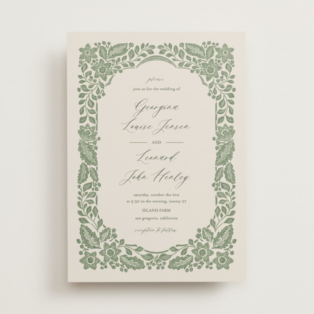"Embroidered" - Wedding Invitations in Moss by Jen Owens - Front