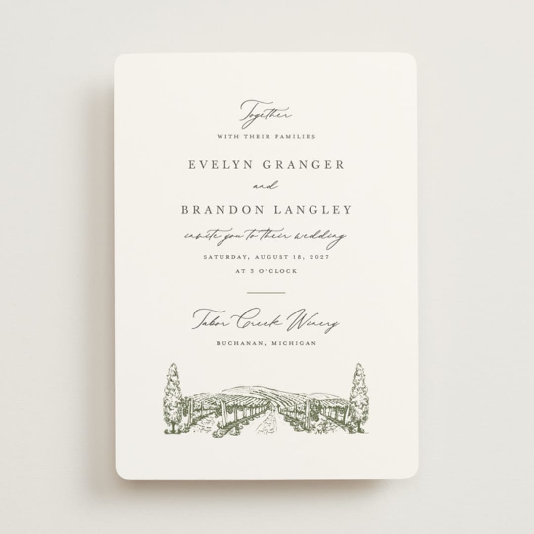 "Vineyard" - Wedding Invitations in Olive by Sarah Brown - Front