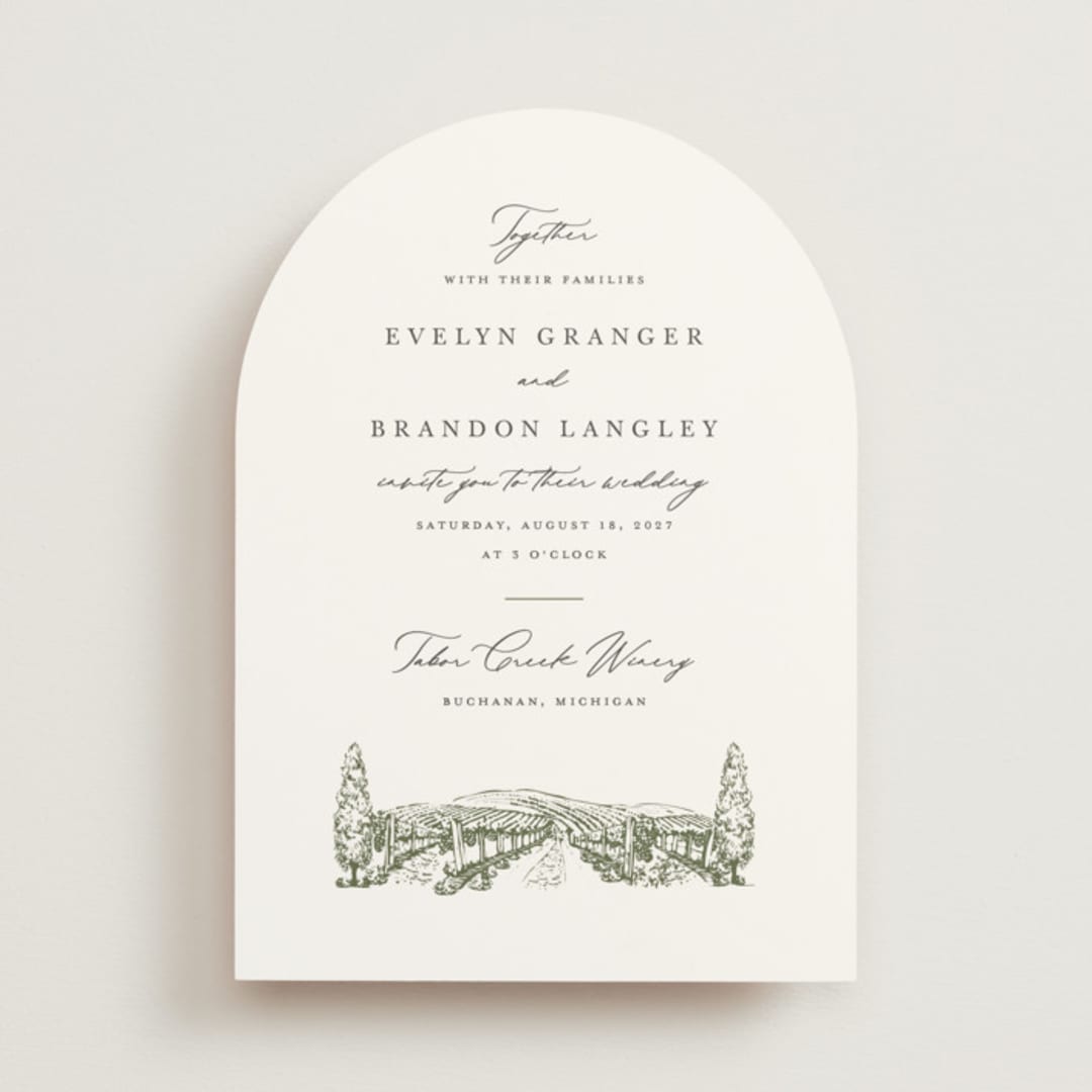 "Vineyard" - Wedding Invitations in Olive by Sarah Brown - Front