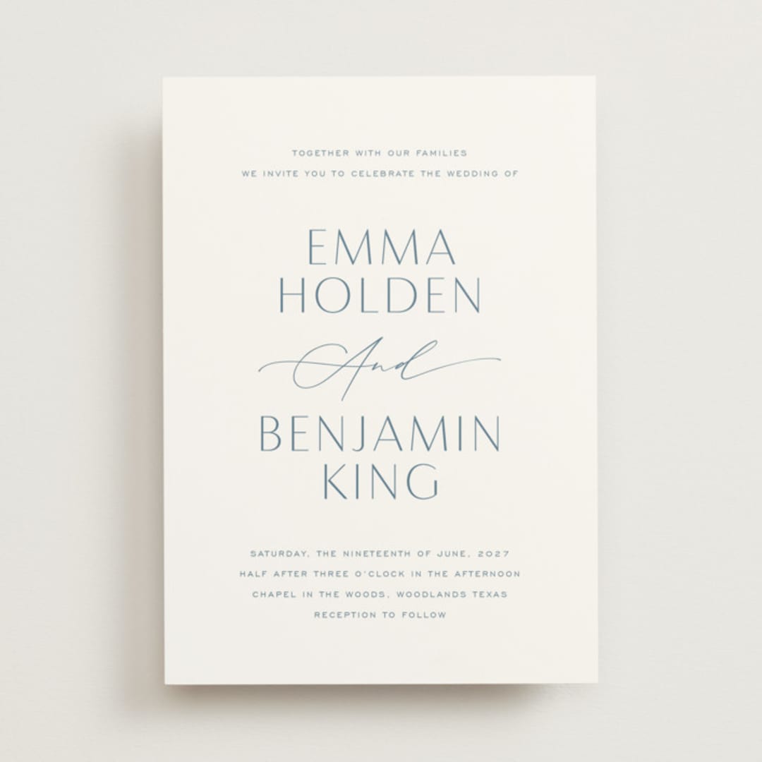 "Glide" - Wedding Invitations in Dusty Blue by Jennifer Postorino - Front