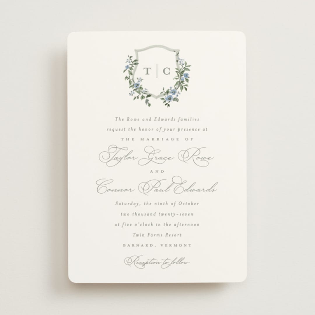 "Foliage Crest" - Wedding Invitations in Sky by Everett Paper Goods - Front