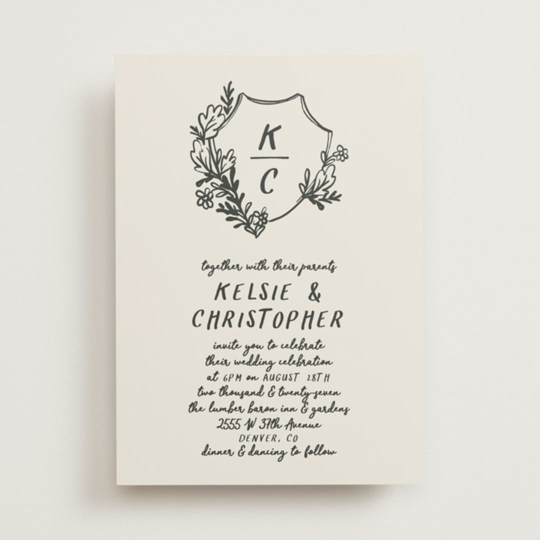 "Botanical Crest" - Wedding Invitations in Ink by Kelly Watkins - Front