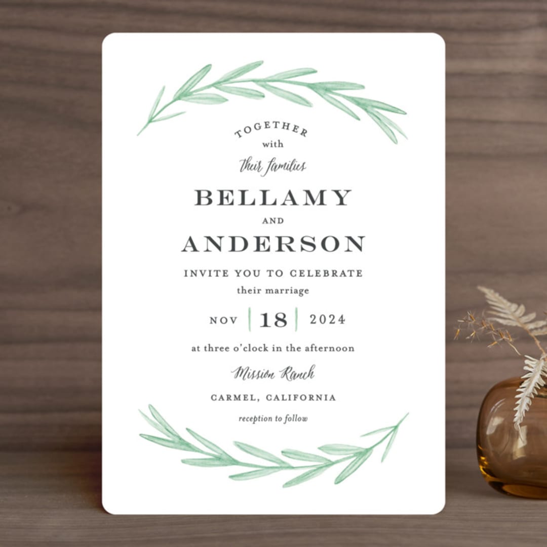 "Painted Leaves" - Wedding Invitations in Evergreen by Olivia Raufman - Front