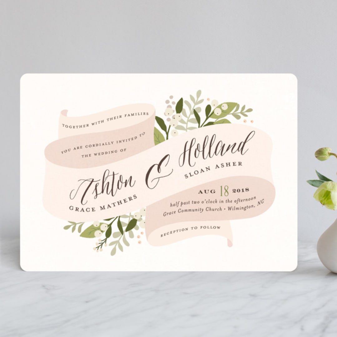 "Ribbonly" - Wedding Invitations in Blush by Jennifer Wick - Front