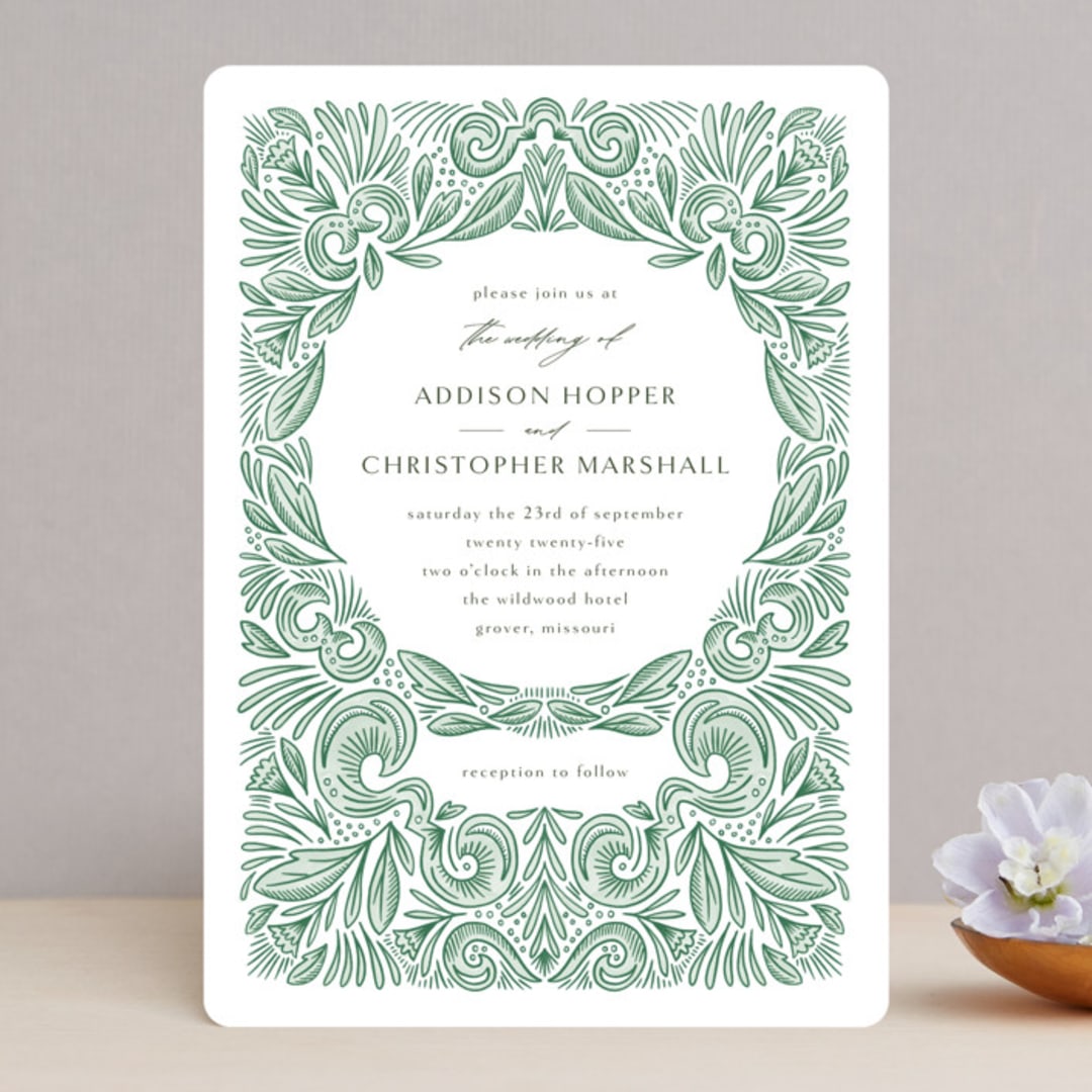 "Ornate" - Wedding Invitations in Sage by Jen Owens - Front