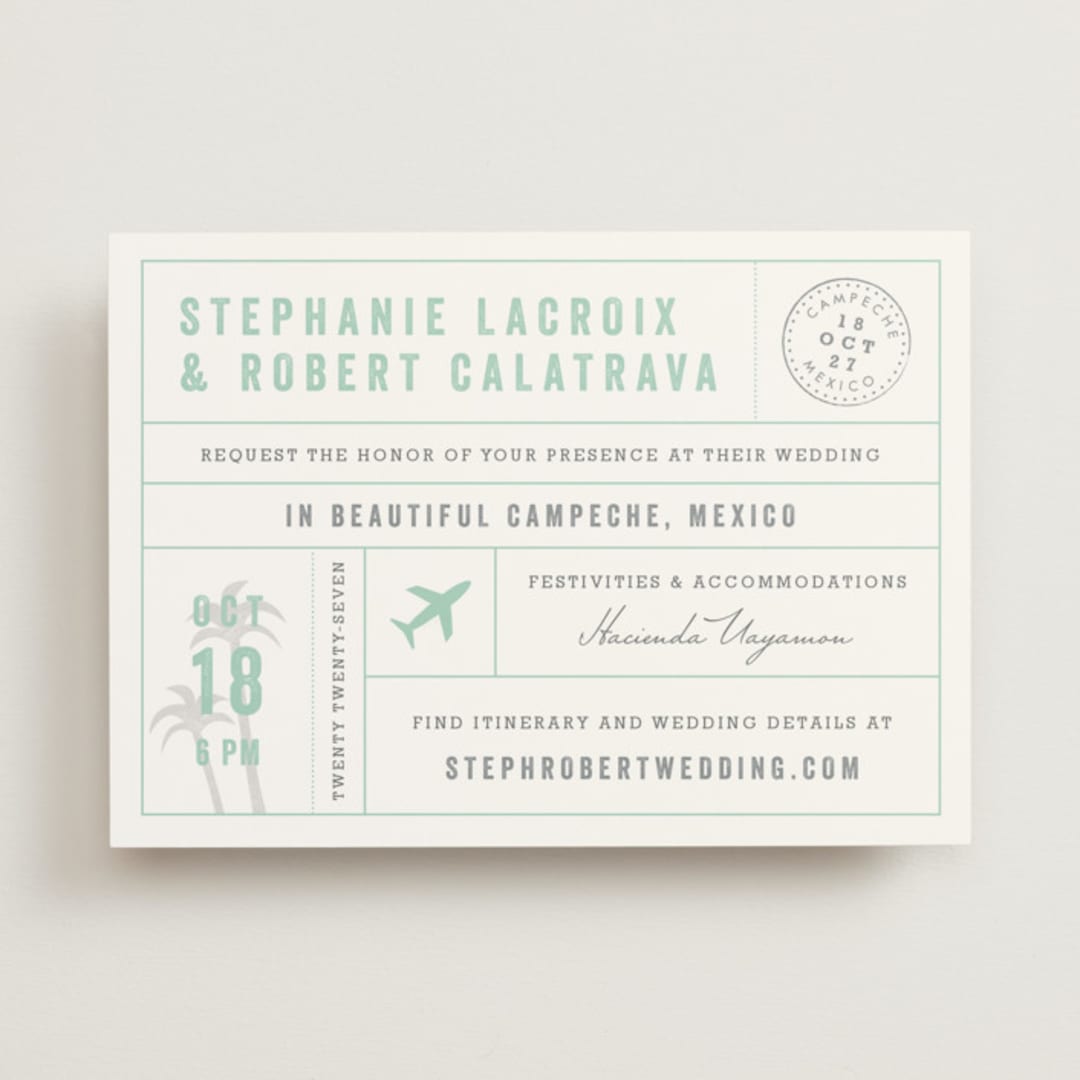 "Passport" - Wedding Invitations in Seafoam by Sarah Curry - Front