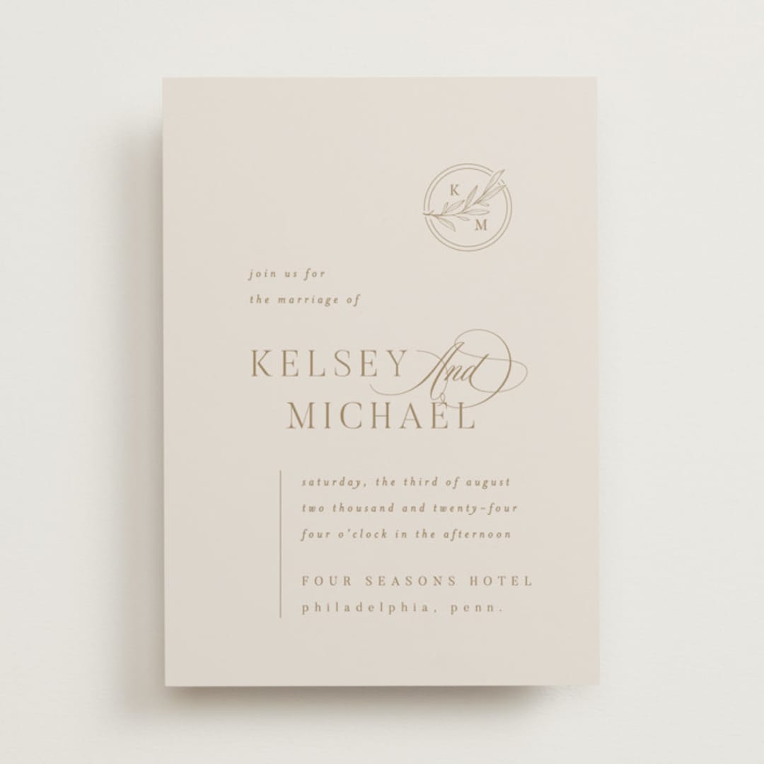 "Emblem" - Wedding Invitations in Champagne by Everett Paper Goods - Front