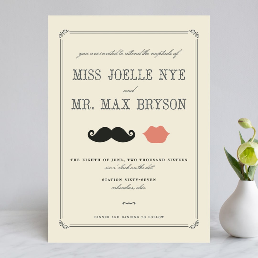 "Stache + Kiss" - Wedding Invitations in Creme by Penelope Poppy - Front