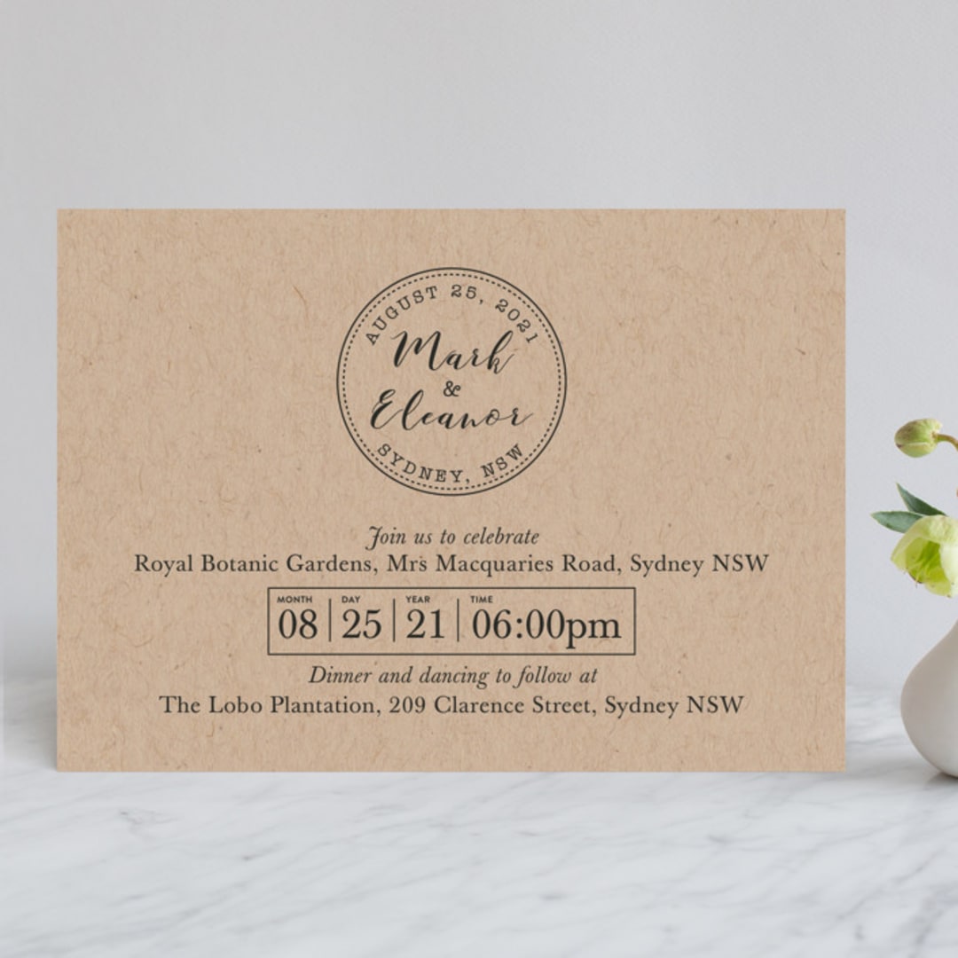 "Wedding Stamp" - Wedding Invitations in Kraft by Hudson meet Rose - Front
