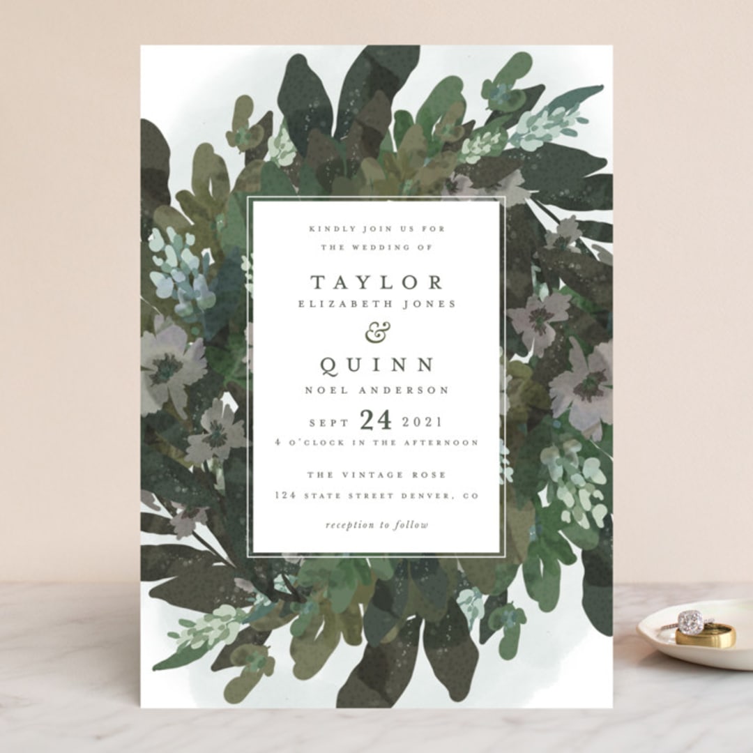 "Foliage Wreath" - Wedding Invitations in Evergreen by Grace Kreinbrink - Front
