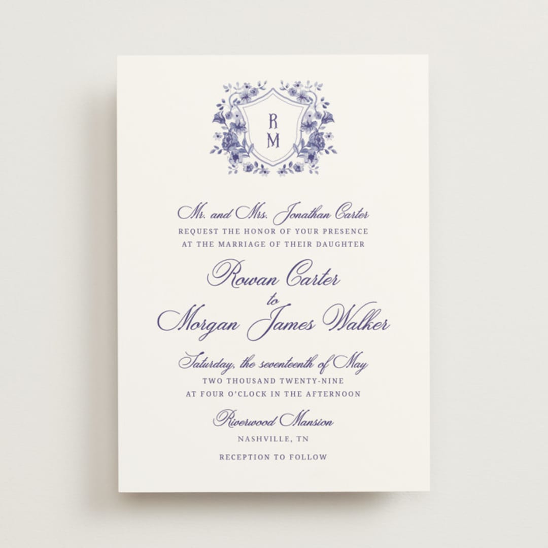 "Blooming Crest" - Wedding Invitations in Plum by Cass Loh - Front