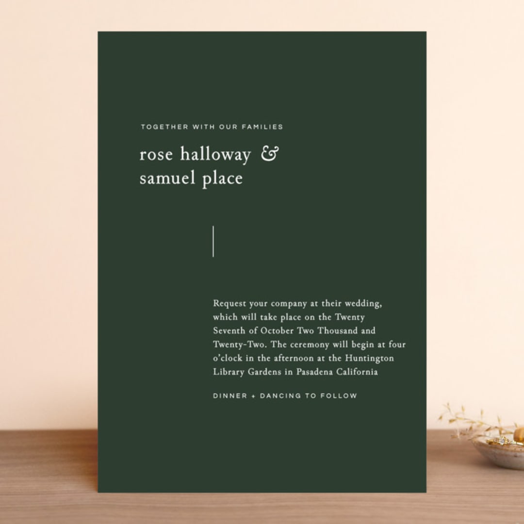 "A Dash of Delight" - Wedding Invitations in Pine Needle by Bramble Studio - Front