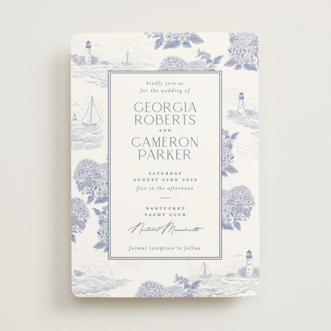 "Coastal Toile" - Wedding Invitations in Periwinkle by Jenna Holcomb - Front