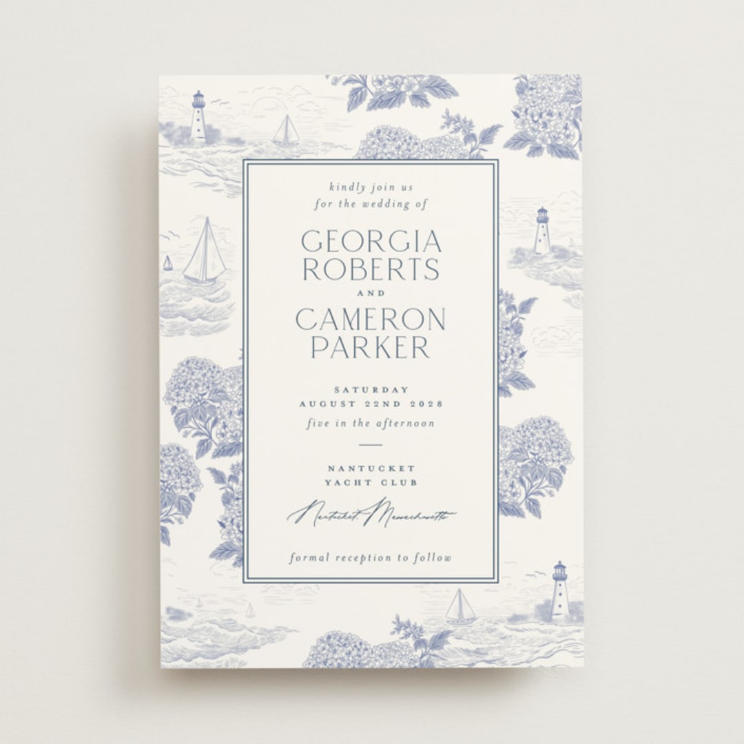 "Coastal Toile" - Wedding Invitations in Periwinkle by Jenna Holcomb - Front