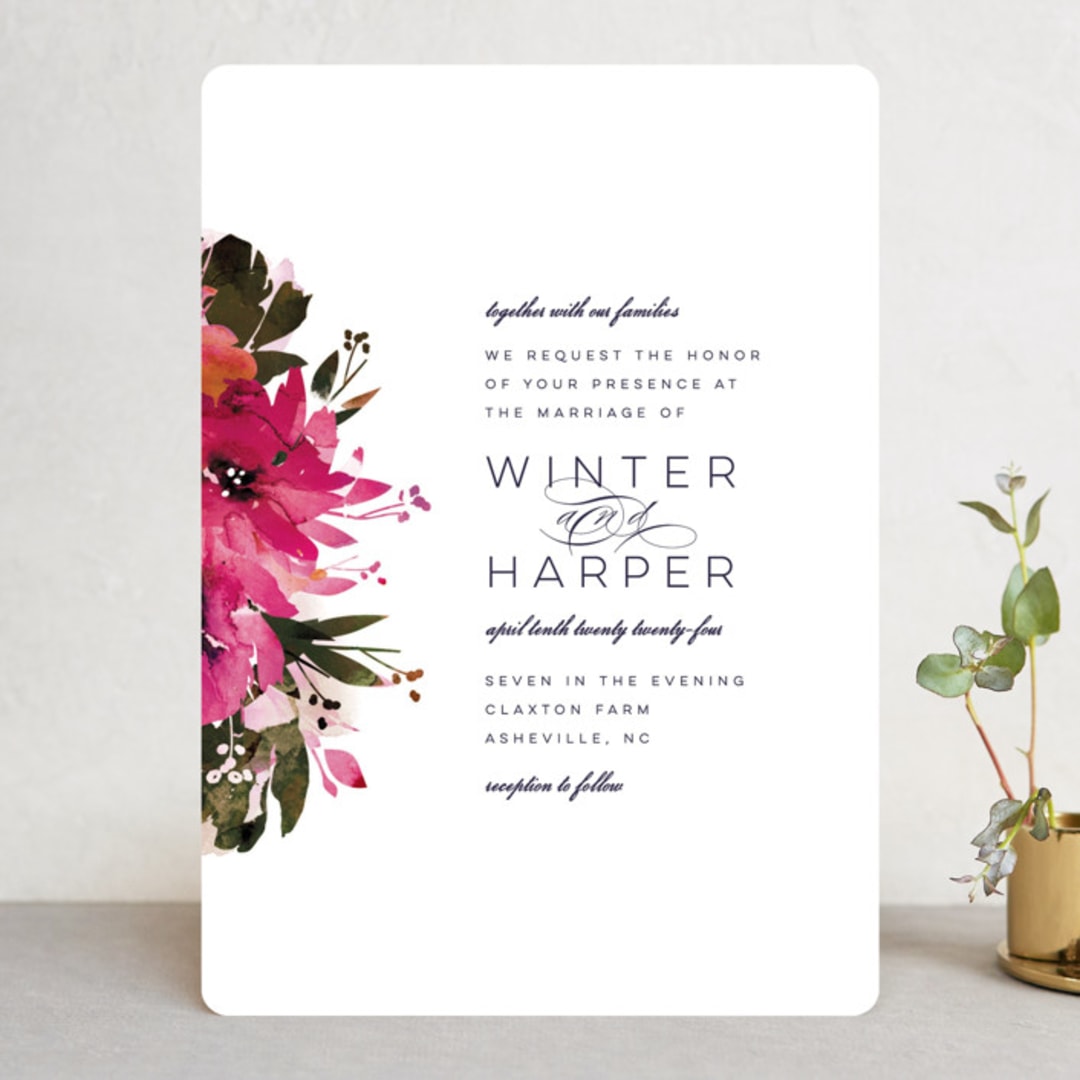 "Peeking Florals" - Wedding Invitations in Fuchsia by Lori Wemple - Front