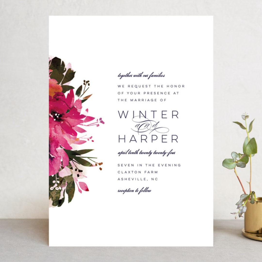 "Peeking Florals" - Wedding Invitations in Fuchsia by Lori Wemple - Front