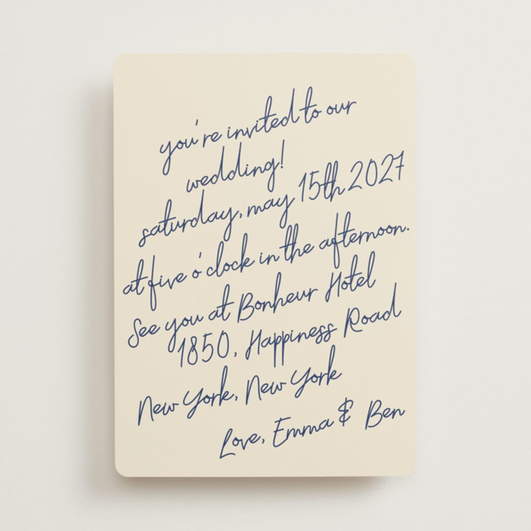 "Handwritten Letter" - Wedding Invitations in Blue Velvet by Helena Vitto - Front