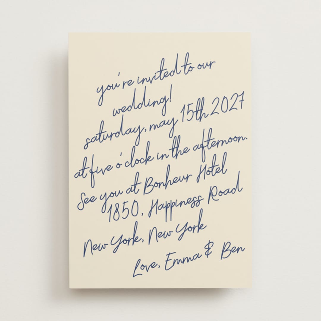 "Handwritten Letter" - Wedding Invitations in Blue Velvet by Helena Vitto - Front