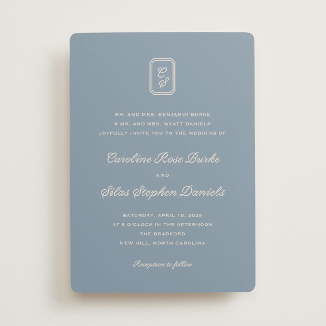 "Bevel Monogram" - Wedding Invitations in French Blue by Carolyn MacLaren - Front