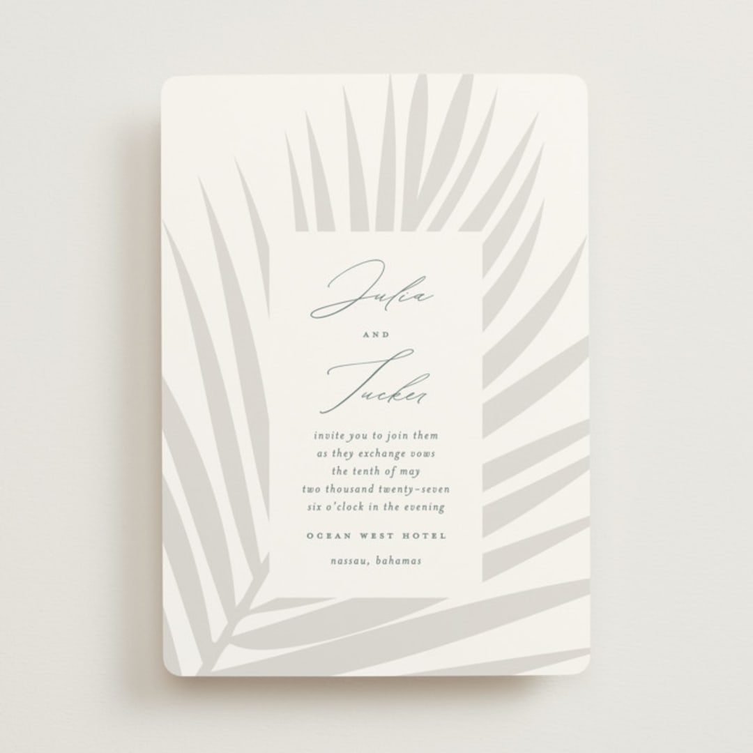 "Faded Palm" - Wedding Invitations in Mist by Lauren Chism - Front