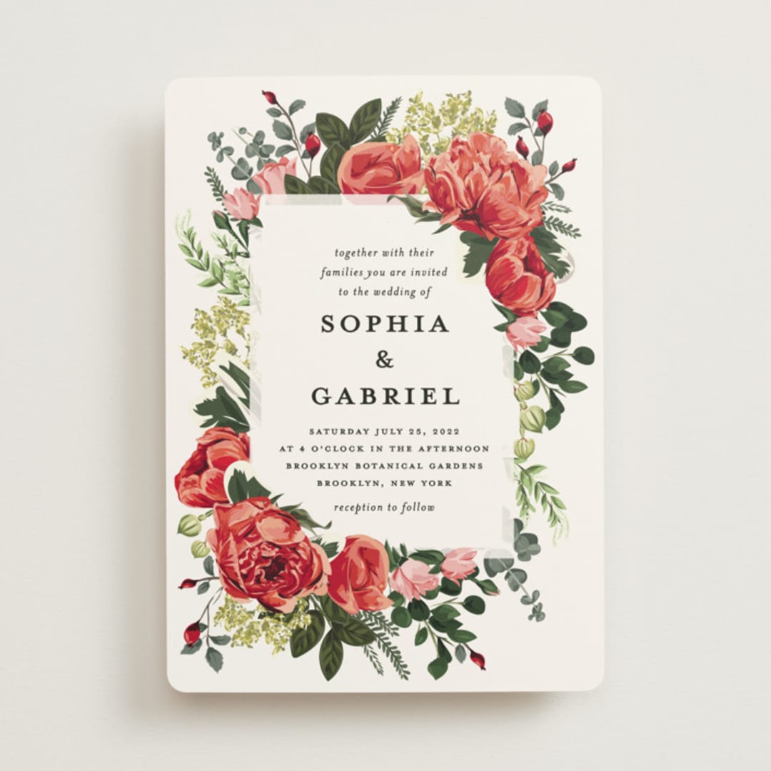 "Peonies Forever" - Wedding Invitations in Coral by Susan Moyal - Front