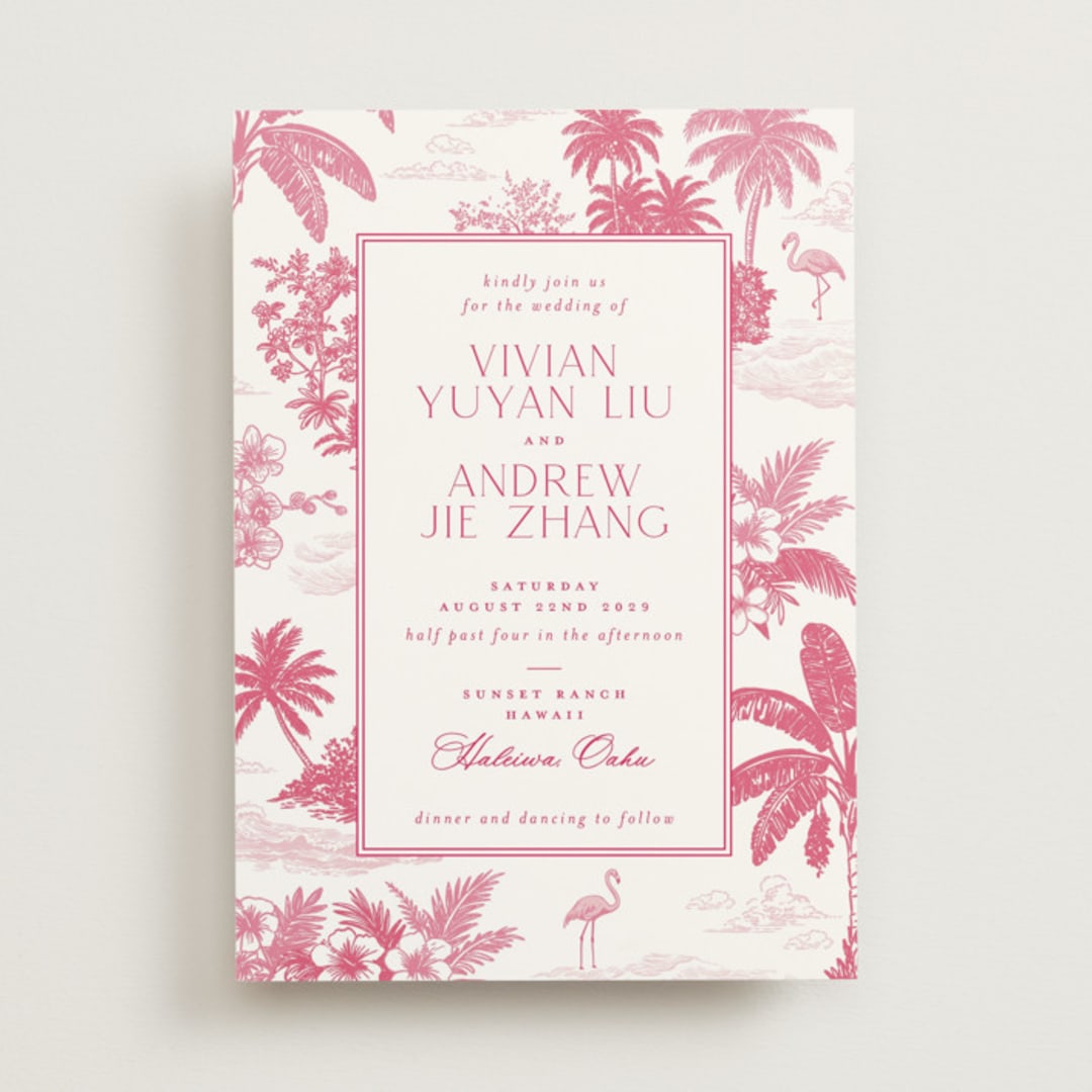 "Tropical Toile" - Wedding Invitations in Flamingo by Jenna Holcomb - Front