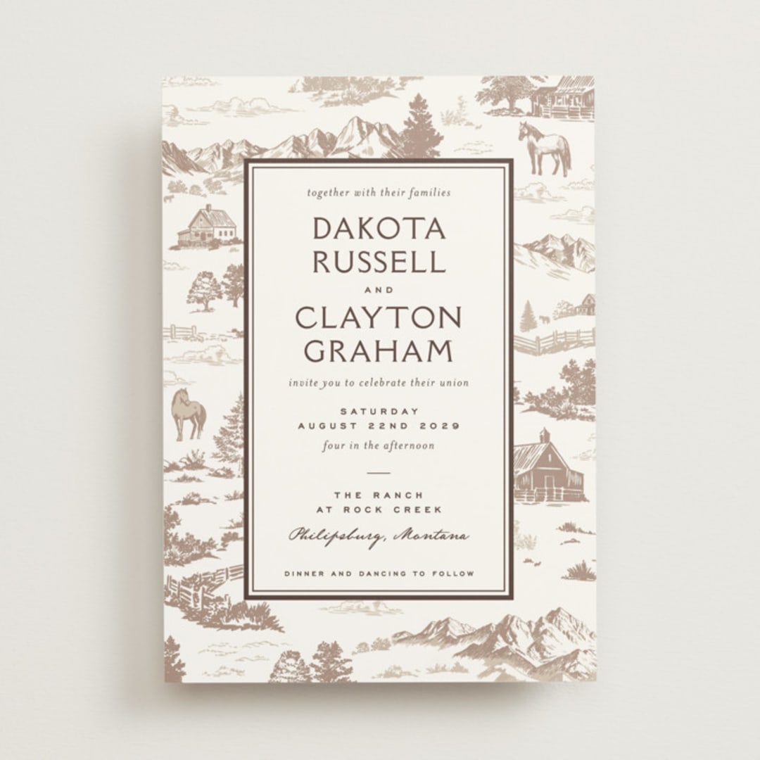 "Mountain Ranch Toile" - Wedding Invitations in Leather by Jenna Holcomb - Front