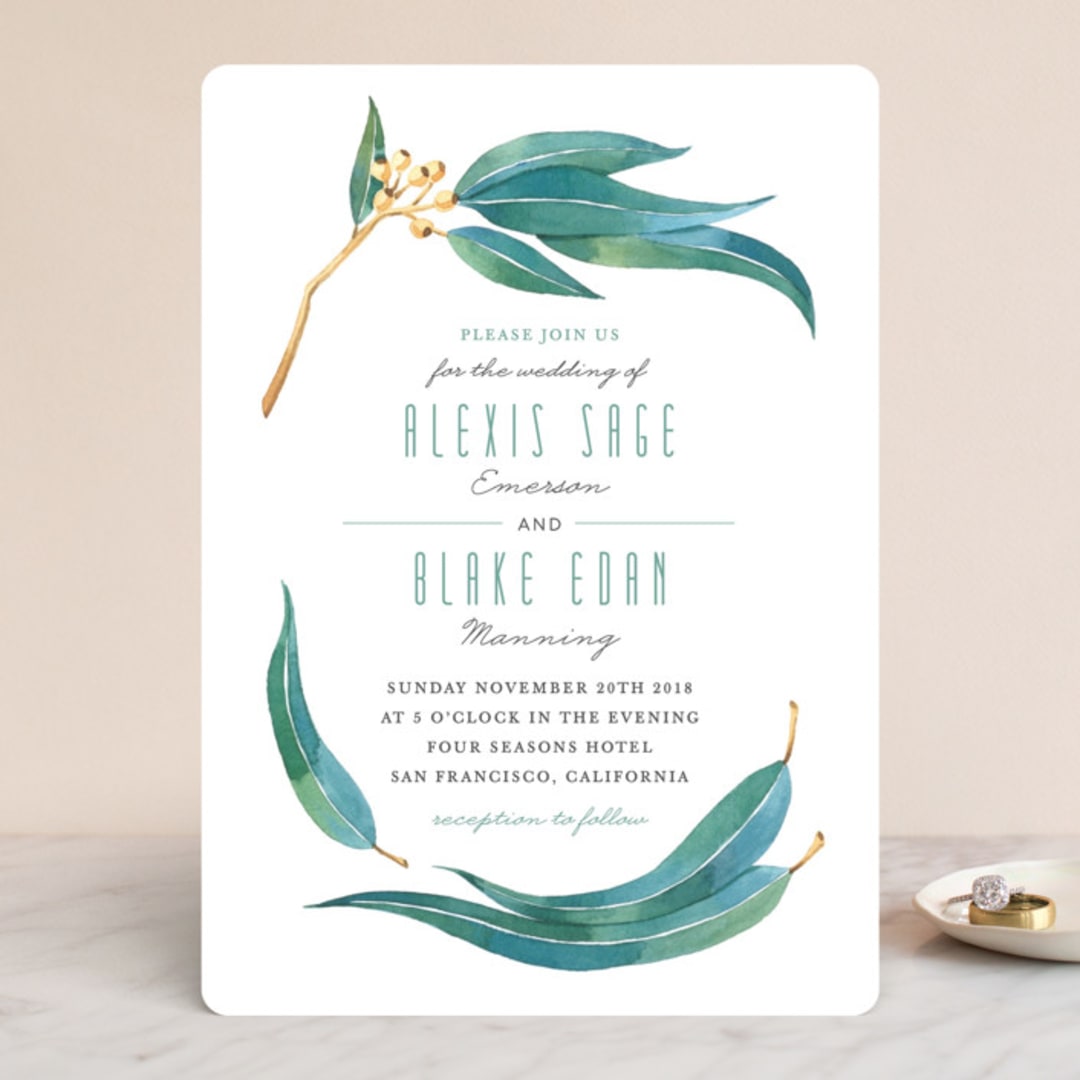 "Eucalyptus Leaves" - Wedding Invitations in Eucalyptus by Shannon Chen of Four Wet Feet Studio - Front