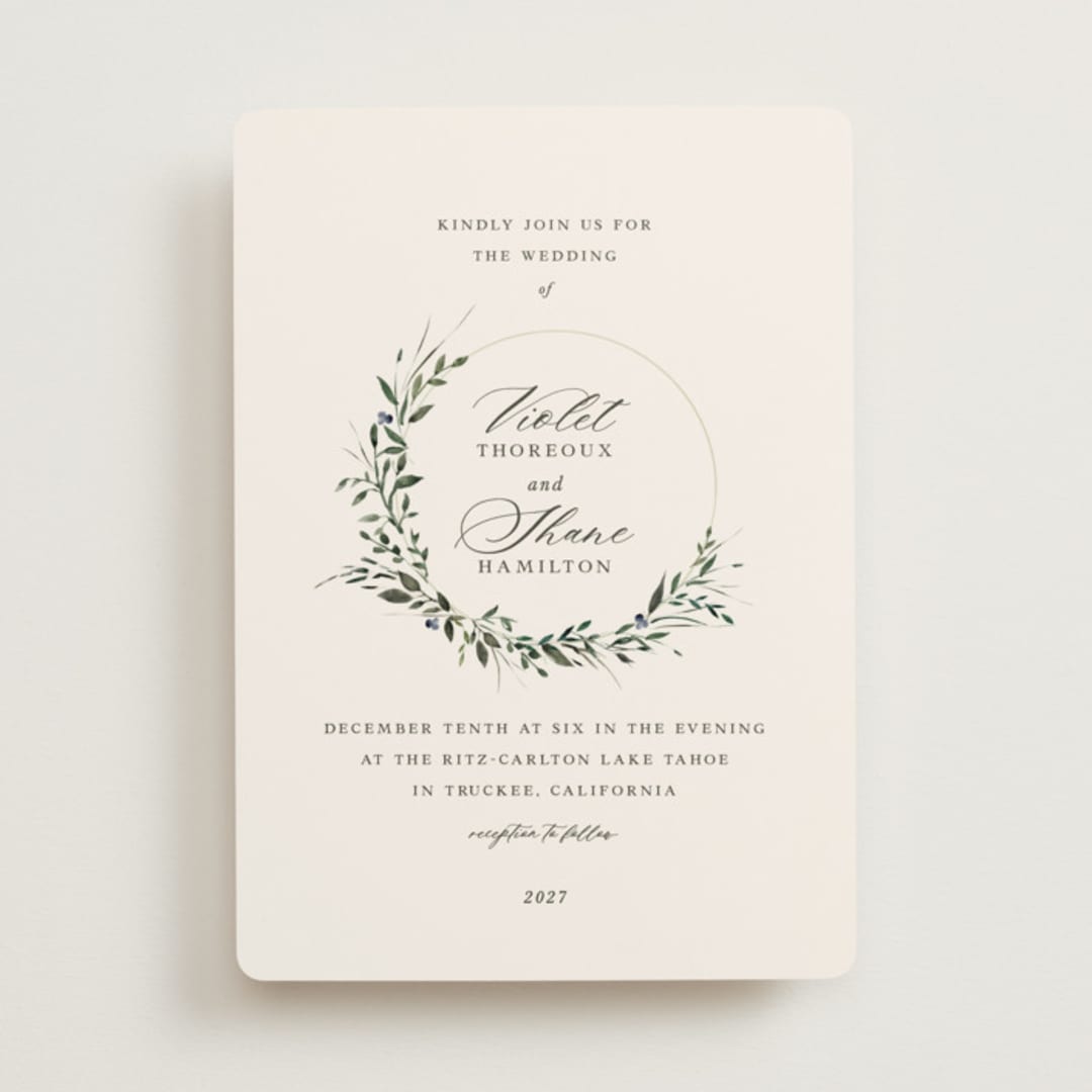 "Green Wreath" - Wedding Invitations in Champagne by Lori Wemple - Front
