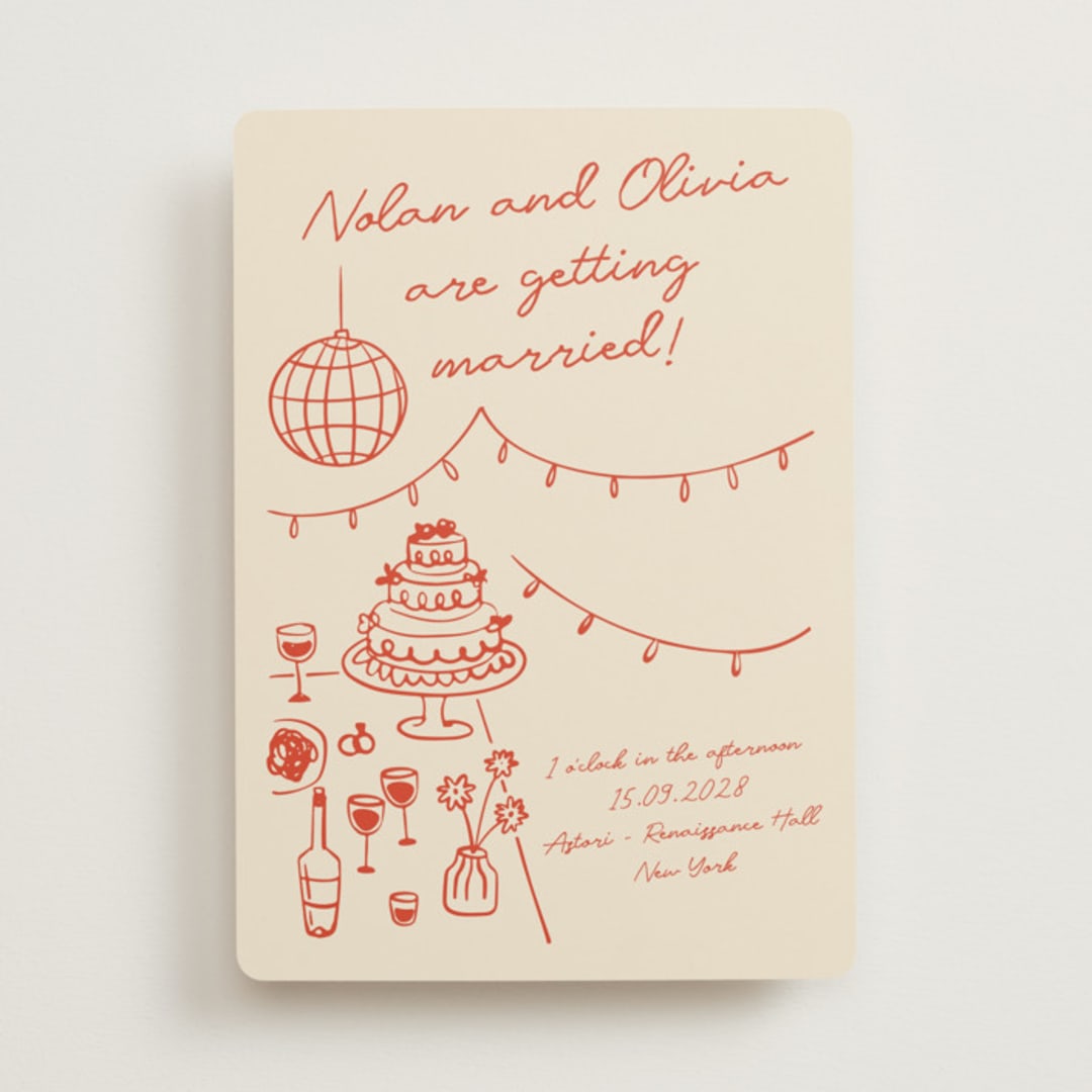 "Party On!" - Wedding Invitations in Sangria Spark by Zove Ahhh - Front