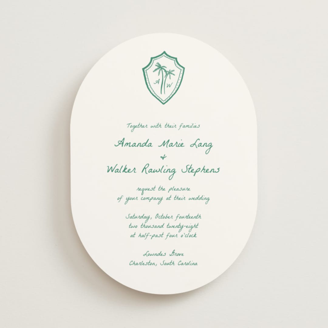 "Palm Tree Crest" - Wedding Invitations in Palm by Erika Firm - Front