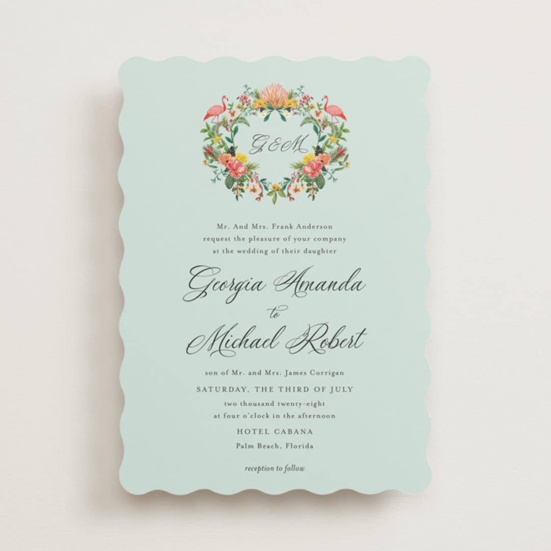 "Tropical Crest" - Wedding Invitations in Papaya by Susan Moyal - Front