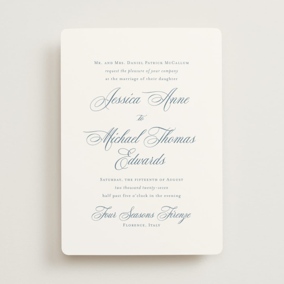 "Empire" - Wedding Invitations in Dusty Blue by Jennifer Postorino - Front