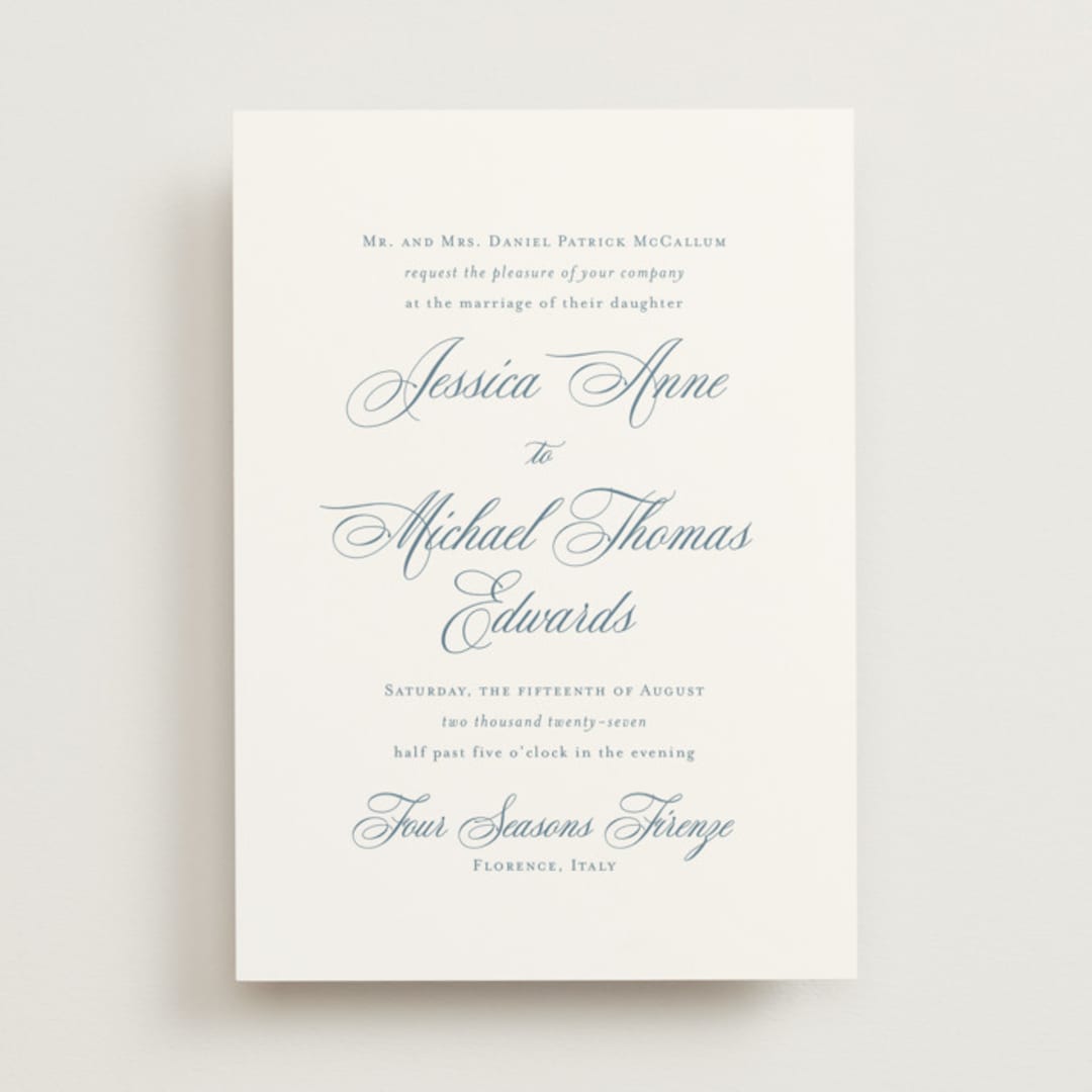 "Empire" - Wedding Invitations in Dusty Blue by Jennifer Postorino - Front