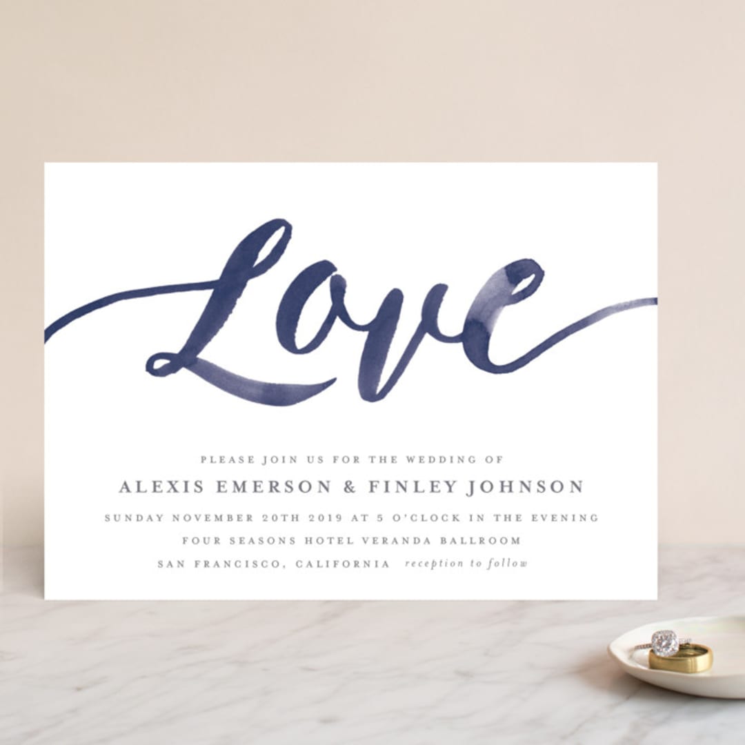 "Love" - Wedding Invitations in Navy by Shannon Chen of Four Wet Feet Studio - Front