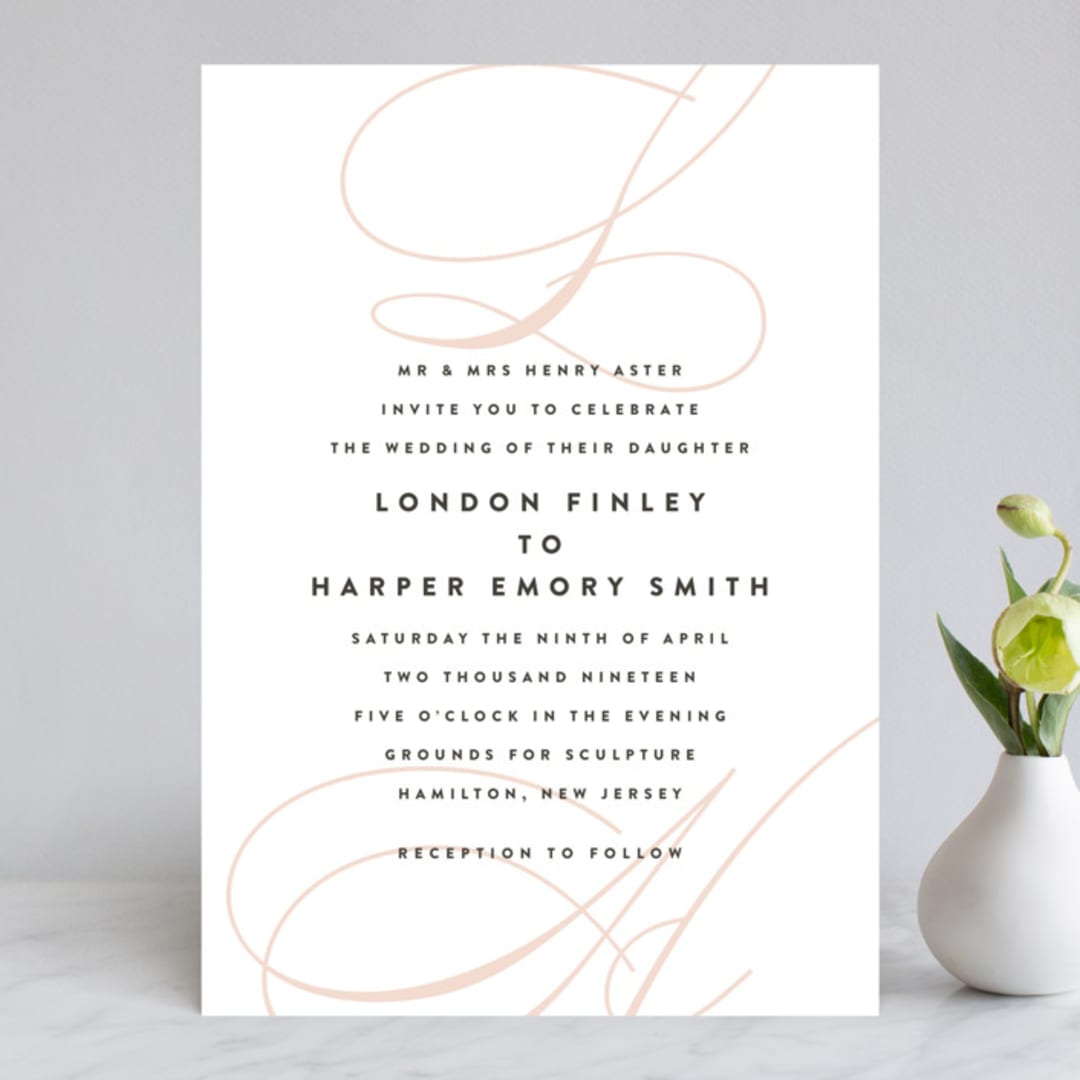 "Twirl Monogram B" - Wedding Invitations in Blush by Ariel Rutland - Front