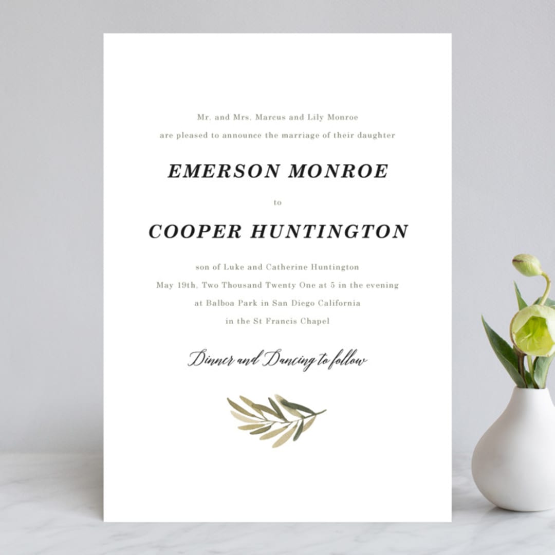"Olive Branch" - Wedding Invitations in Olive by Wildfield Paper Co - Front