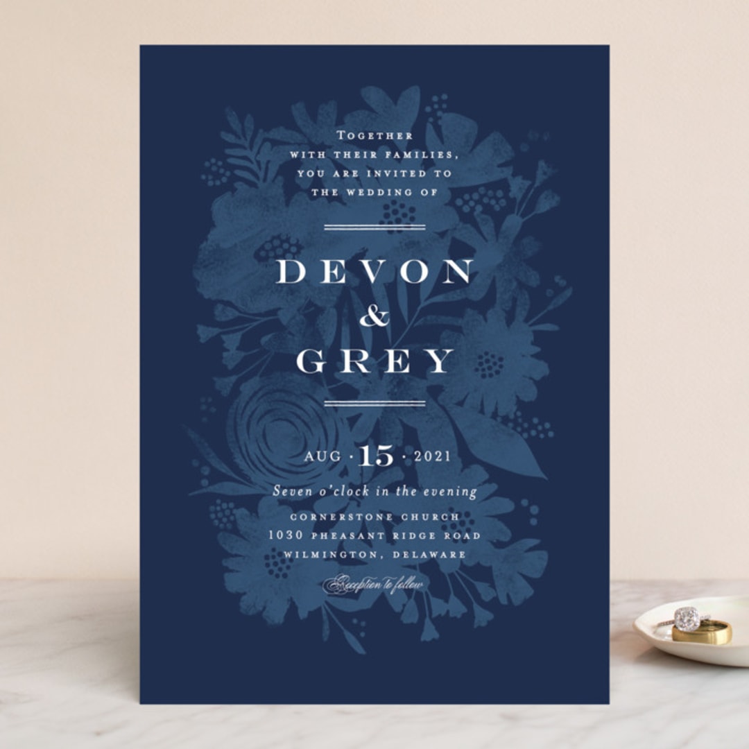 "Floral screenprint" - Wedding Invitations in Navy by Jennifer Wick - Front