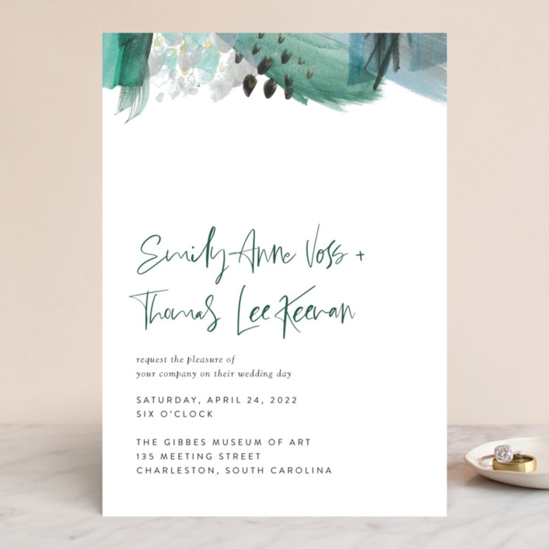 "Feathery Painted" - Wedding Invitations in Teal by Erika Firm - Front