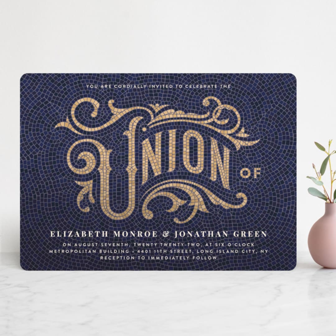 "Mosaic" - Wedding Invitations in Navy by GeekInk Design - Front